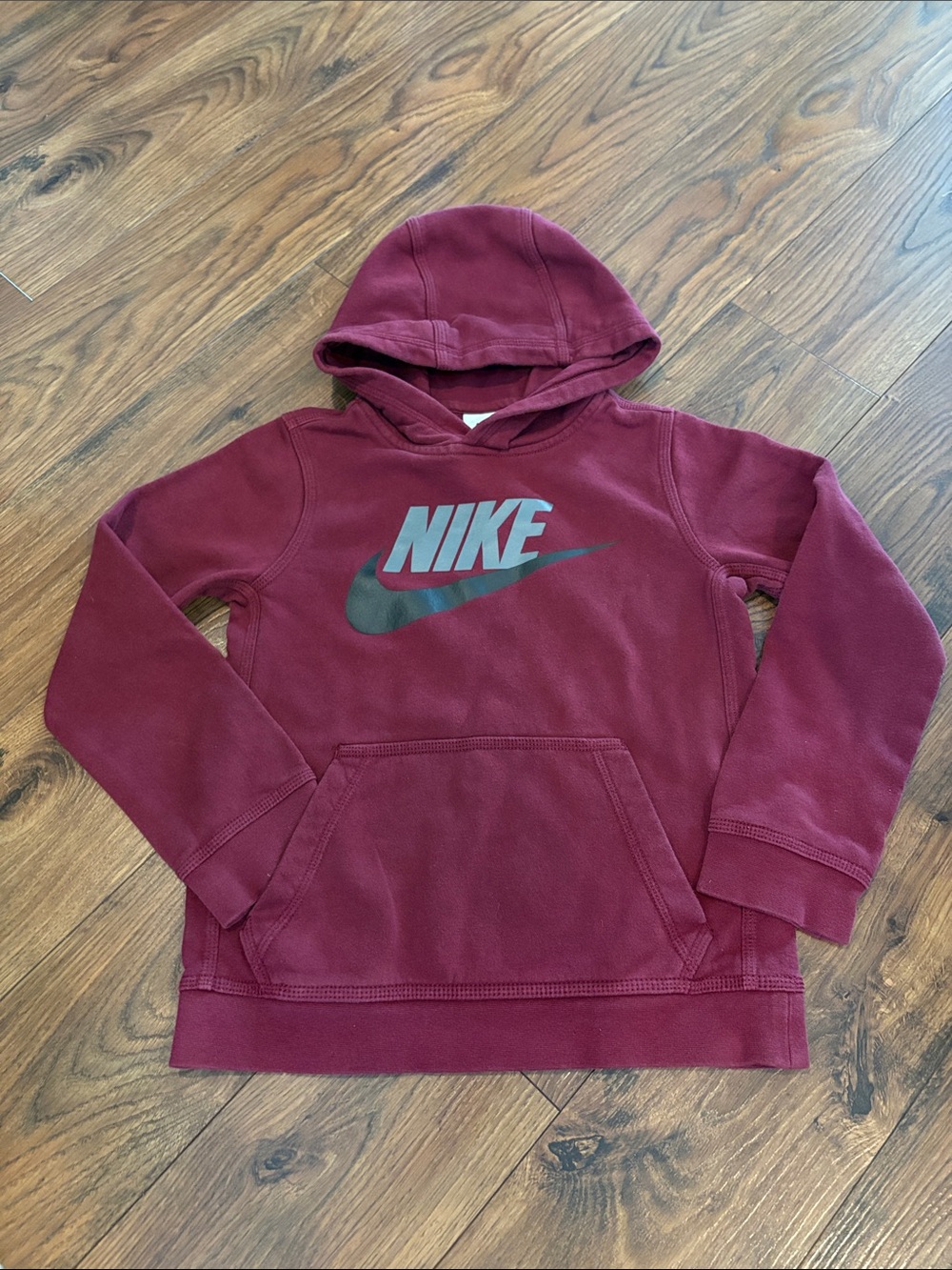 Boys Nike Burgundy Pullover Hoodie with Gray and Black Logo
